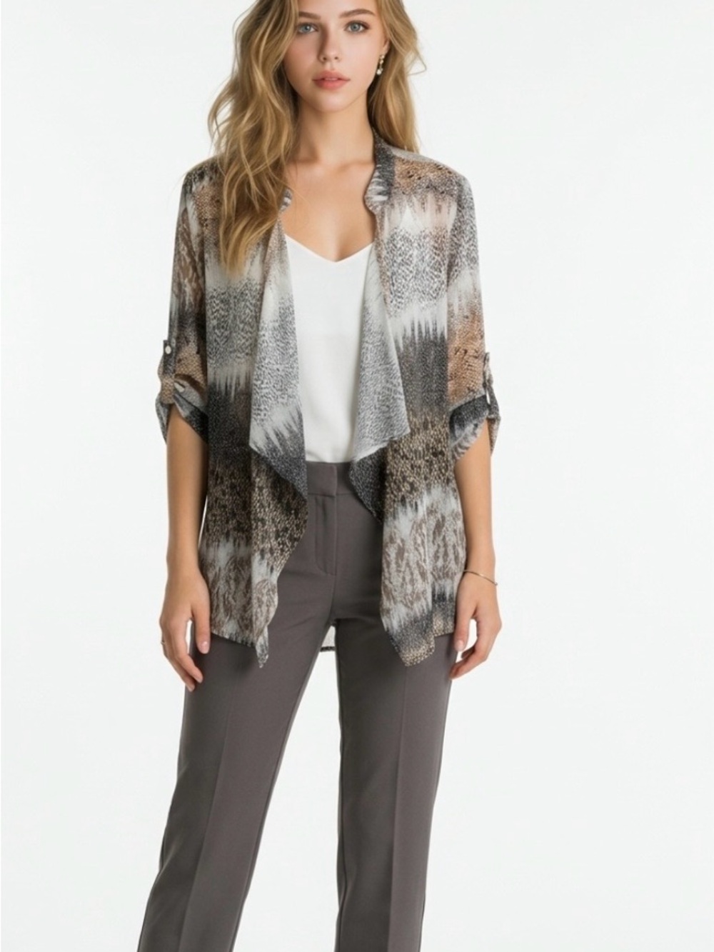 Lightweight Neutral Printed Open Cardigan